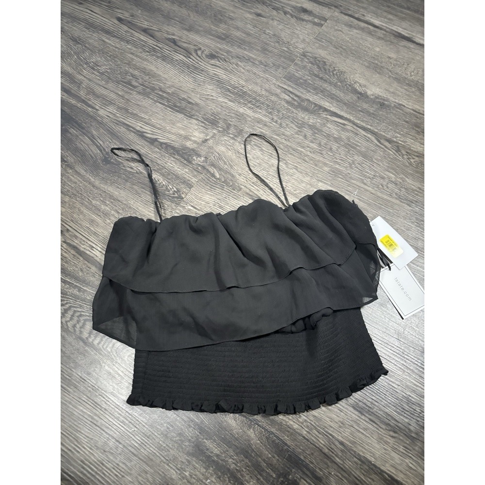 1.STATE Women's Black Ruffled Smocked Spaghetti Strap Crop Top Size M NWT